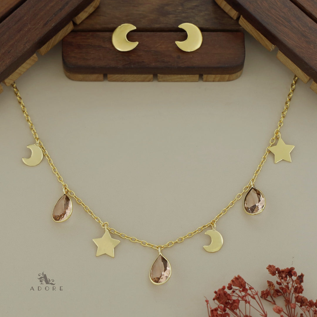 Astral Glossy Tri Drop Neckpiece With Golden Moon Stud