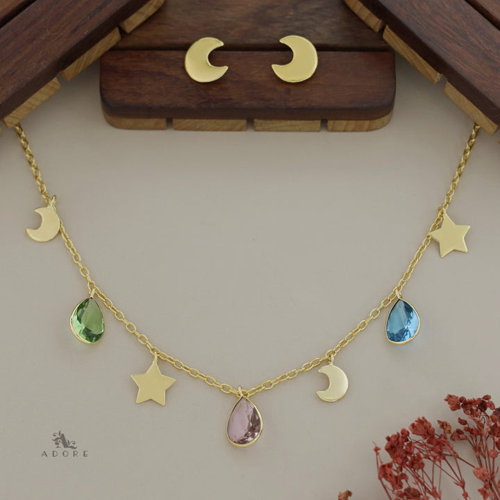 Astral Glossy Tri Drop Neckpiece With Golden Moon Stud