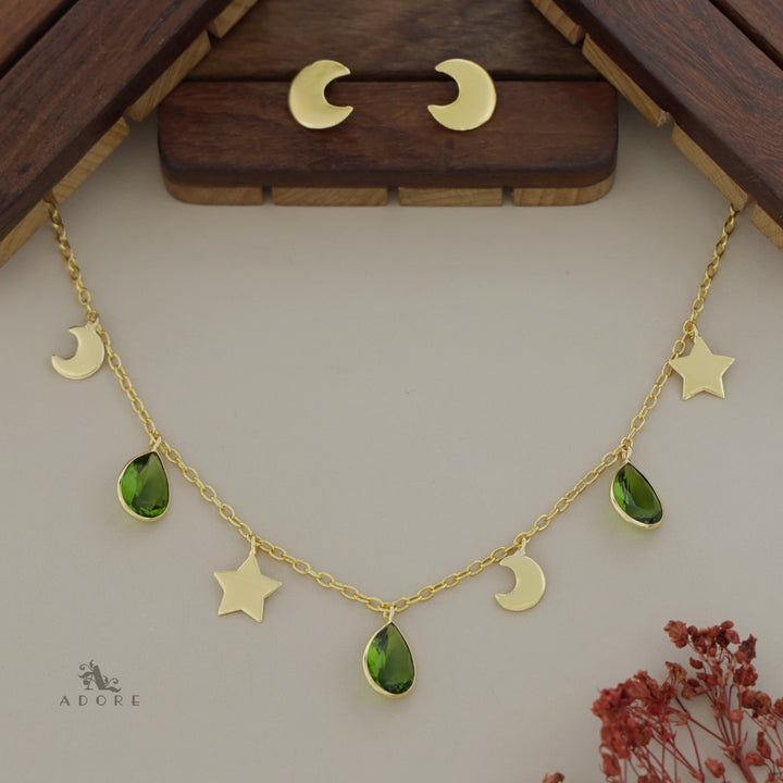 Astral Glossy Tri Drop Neckpiece With Golden Moon Stud