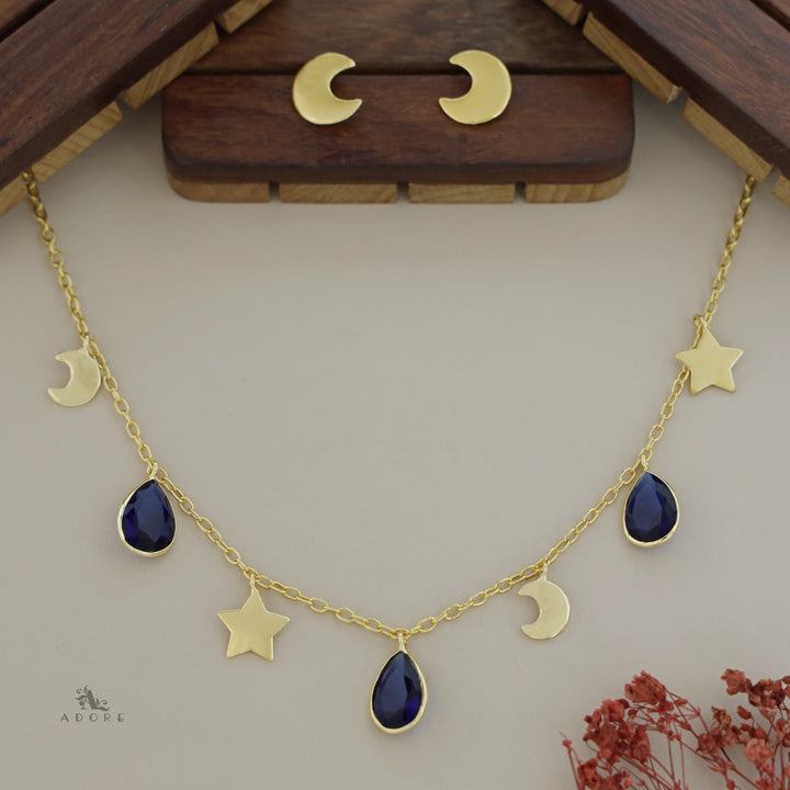 Astral Glossy Tri Drop Neckpiece With Golden Moon Stud