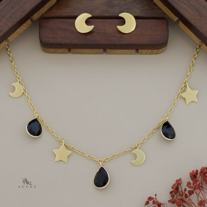 Astral Glossy Tri Drop Neckpiece With Golden Moon Stud