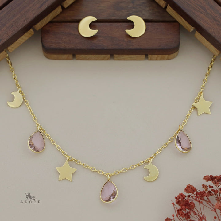 Astral Glossy Tri Drop Neckpiece With Golden Moon Stud