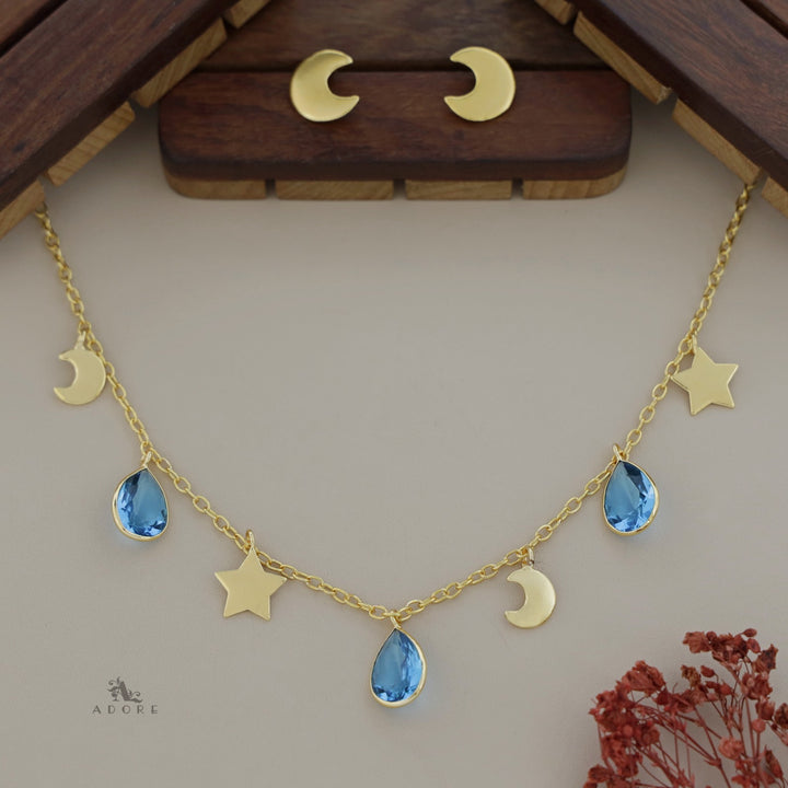 Astral Glossy Tri Drop Neckpiece With Golden Moon Stud