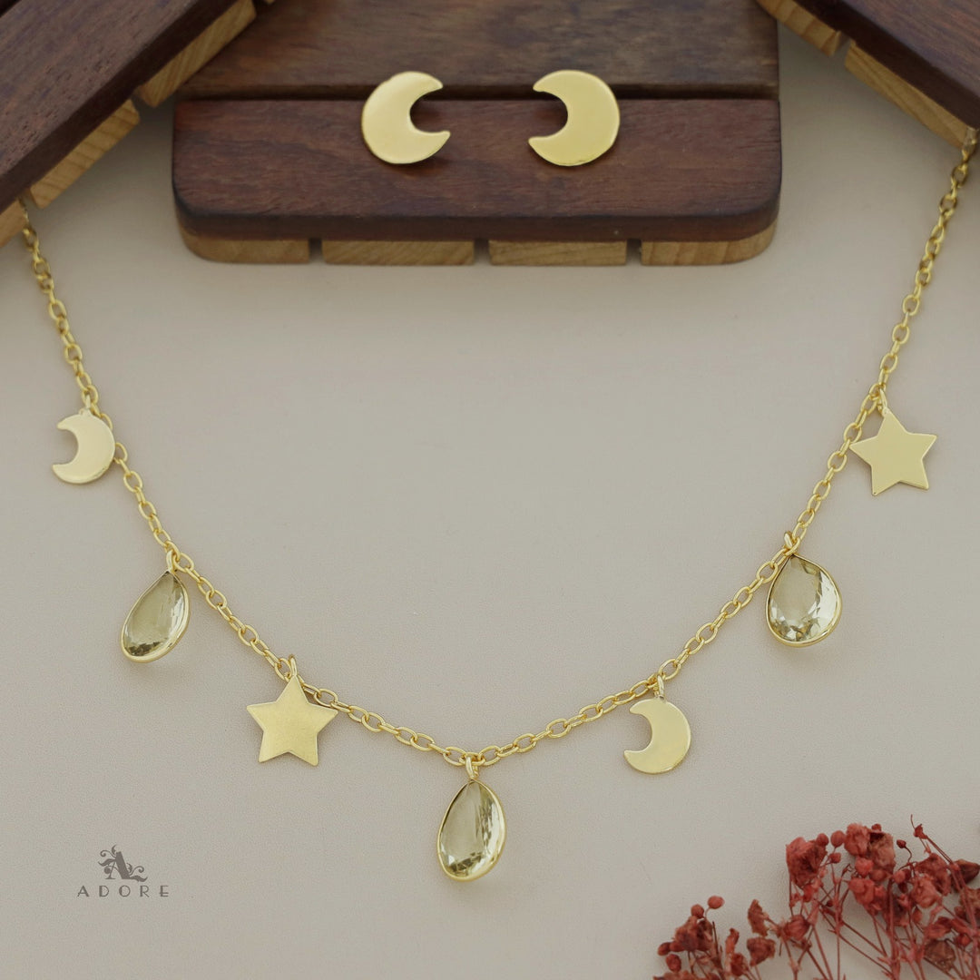 Astral Glossy Tri Drop Neckpiece With Golden Moon Stud