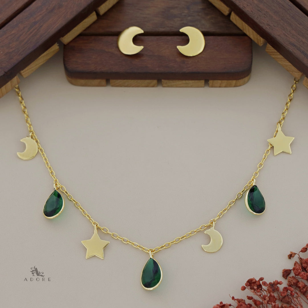 Astral Glossy Tri Drop Neckpiece With Golden Moon Stud