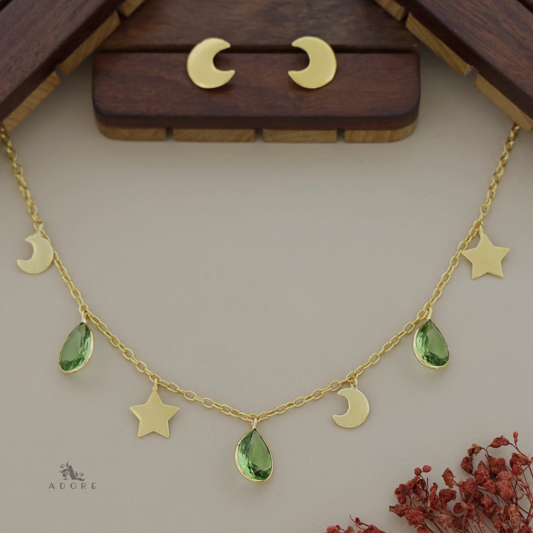 Astral Glossy Tri Drop Neckpiece With Golden Moon Stud