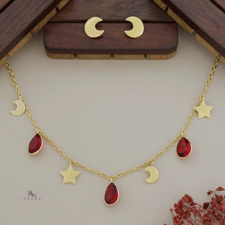 Astral Glossy Tri Drop Neckpiece With Golden Moon Stud