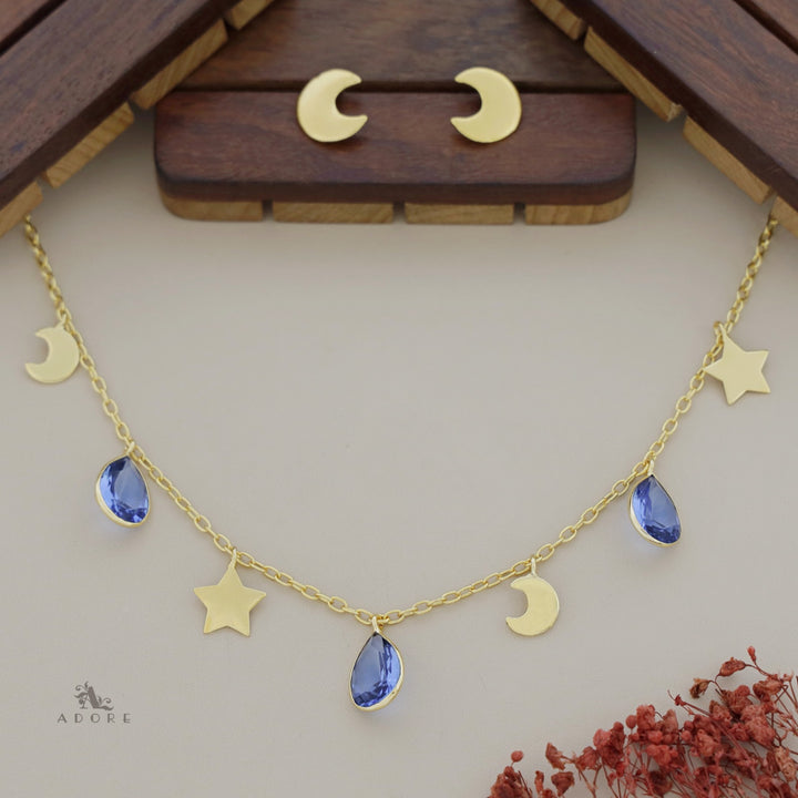 Astral Glossy Tri Drop Neckpiece With Golden Moon Stud