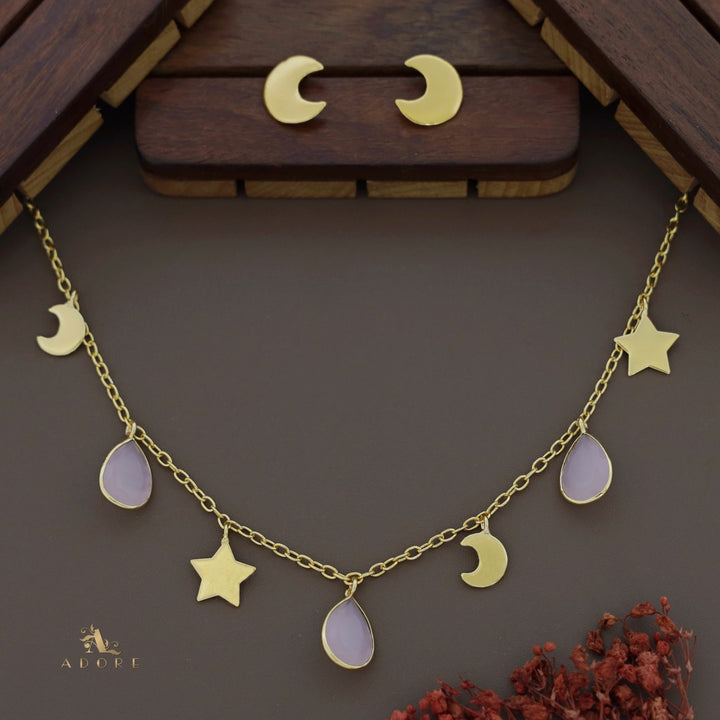 Astral Glossy Tri Drop Neckpiece With Golden Moon Stud