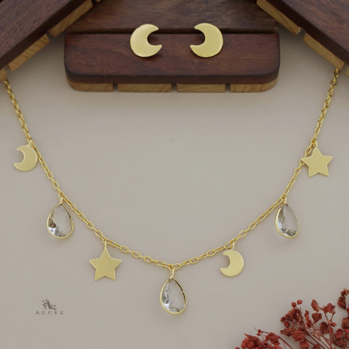 Astral Glossy Tri Drop Neckpiece With Golden Moon Stud