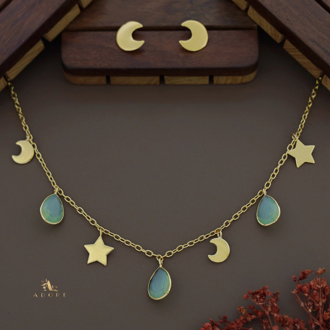 Astral Glossy Tri Drop Neckpiece With Golden Moon Stud