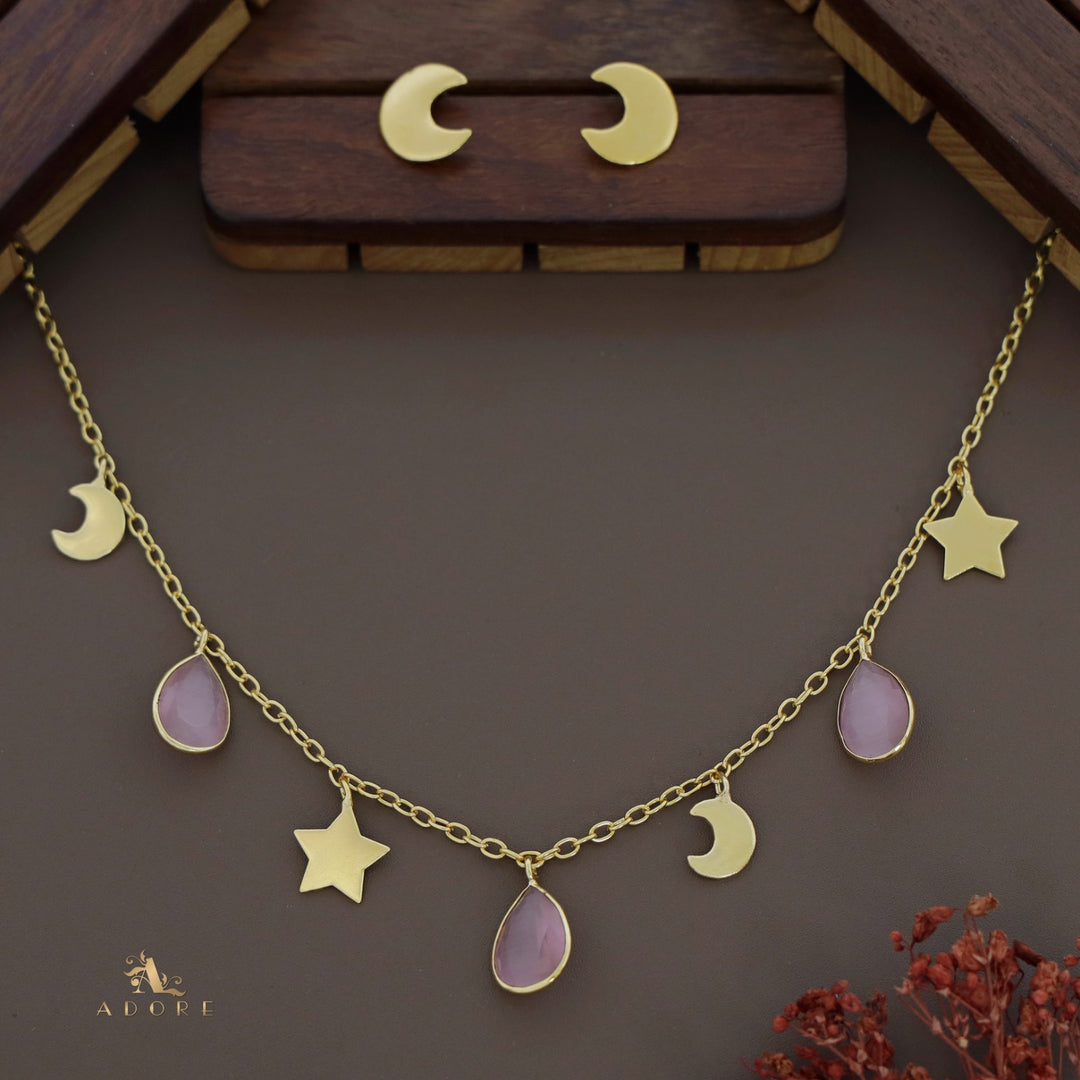 Astral Glossy Tri Drop Neckpiece With Golden Moon Stud