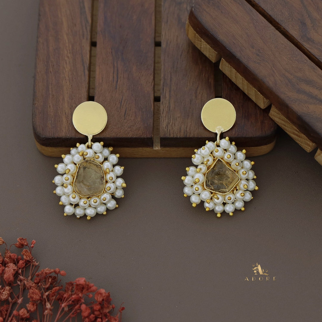 Golden Coin Raw Stone Full Cluster Pearl Earring