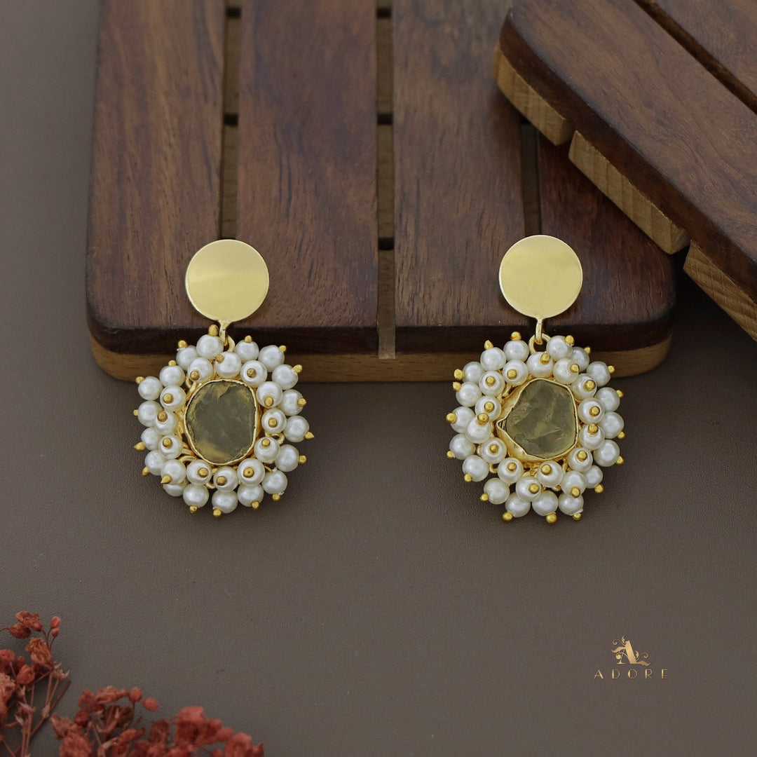 Golden Coin Raw Stone Full Cluster Pearl Earring