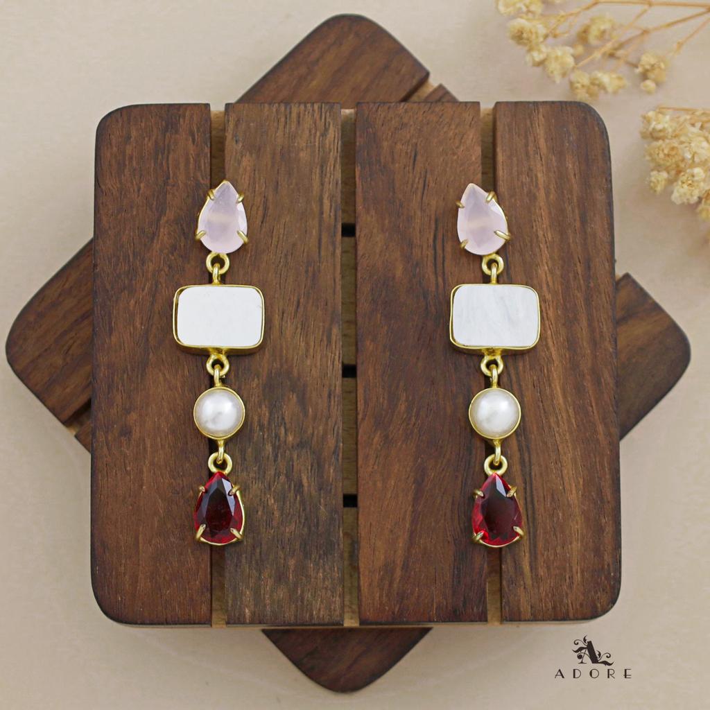 Glossy Dual Drop Mop Rectangle Pearly Earring
