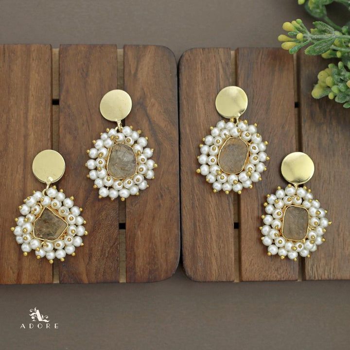 Golden Coin Raw Stone Full Cluster Pearl Earring