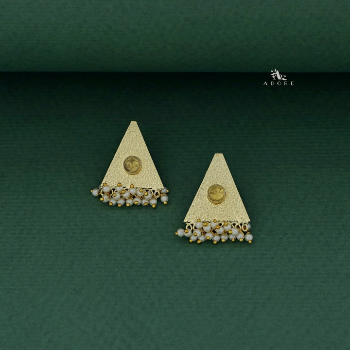 Golden Textured Triangle Cluster Pearl Earring