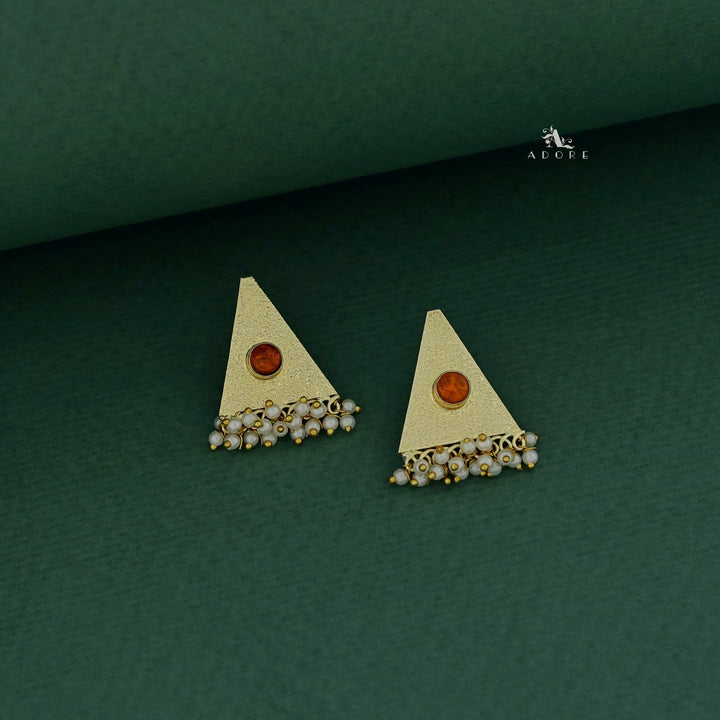 Golden Textured Triangle Cluster Pearl Earring