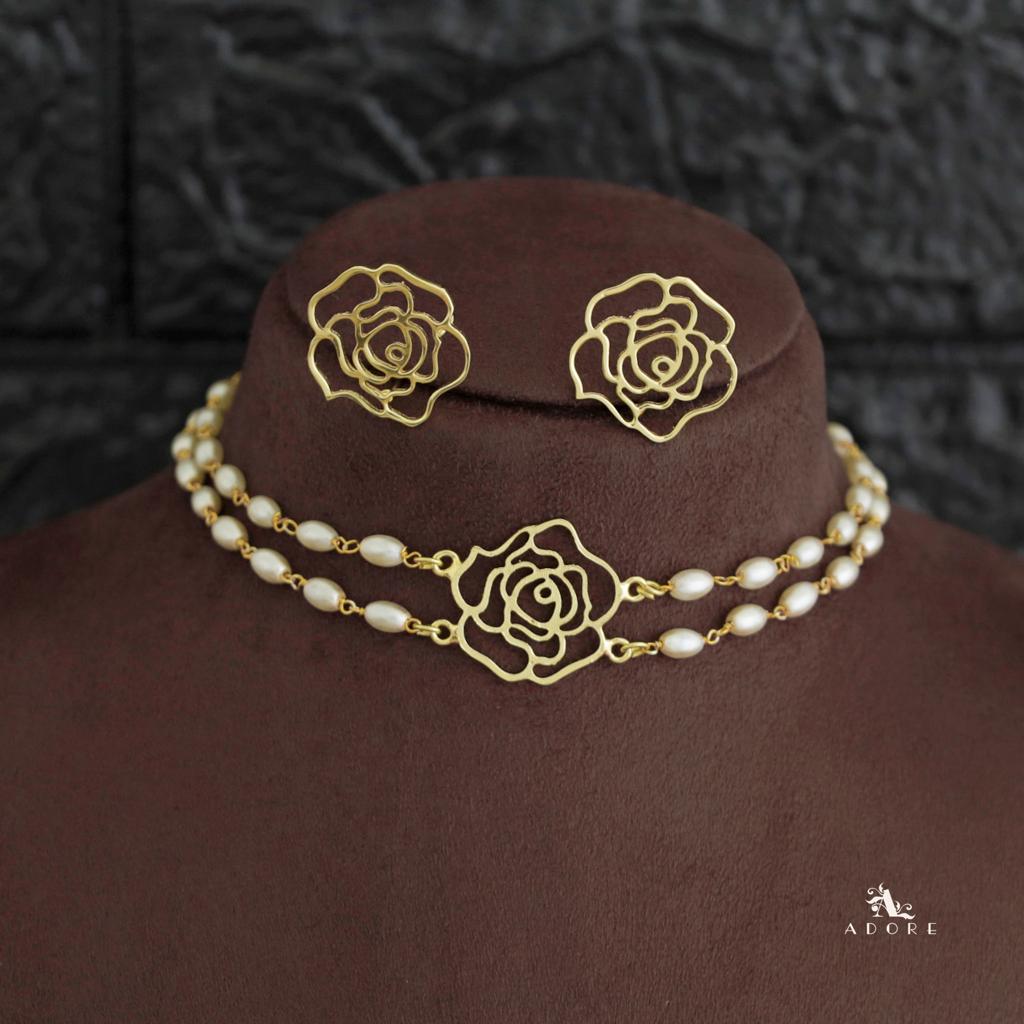 Golden Raazi Rice Pearl Emelia Twin Layer Choker With Earring