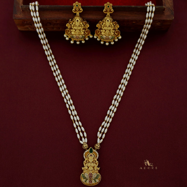Dhanalakshmi 3 Layer Rice Pearl Long Neckpiece with Earring