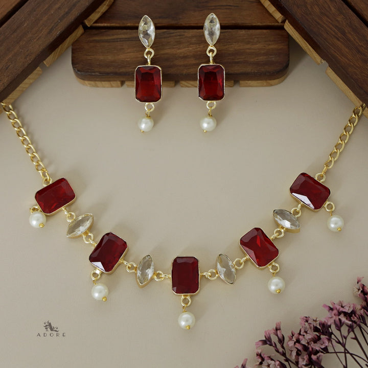 Glossy Square Ellipse Pearl Neckpiece with Earring