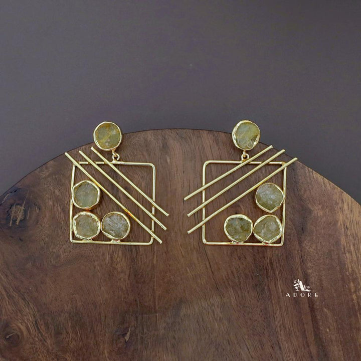 Golden Square Triple Line Raw Stone Earring