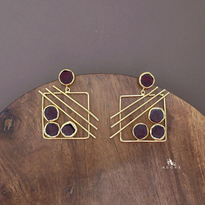 Golden Square Triple Line Raw Stone Earring