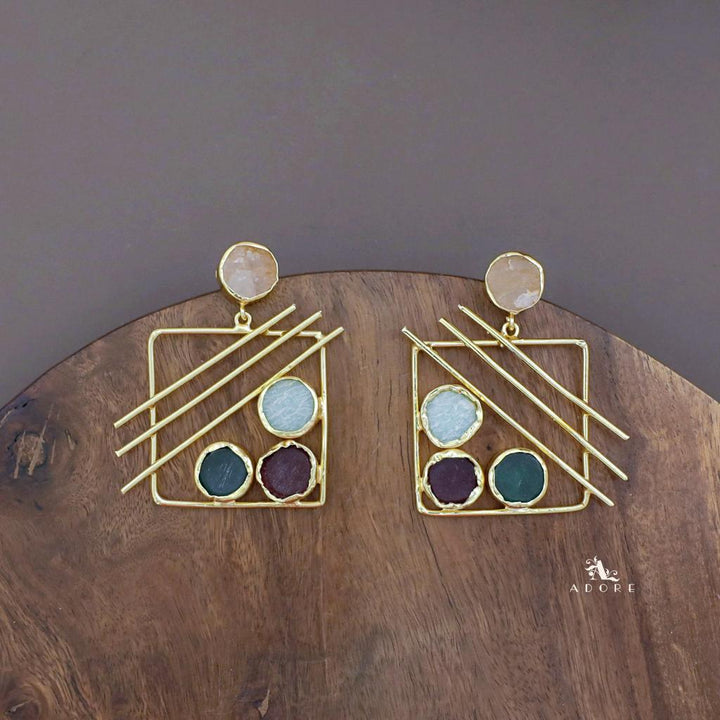 Golden Square Triple Line Raw Stone Earring