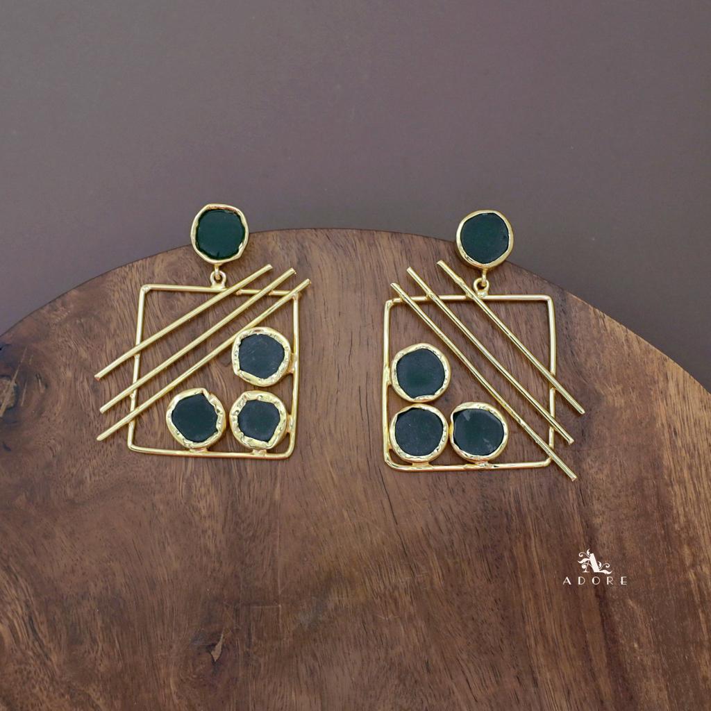 Golden Square Triple Line Raw Stone Earring