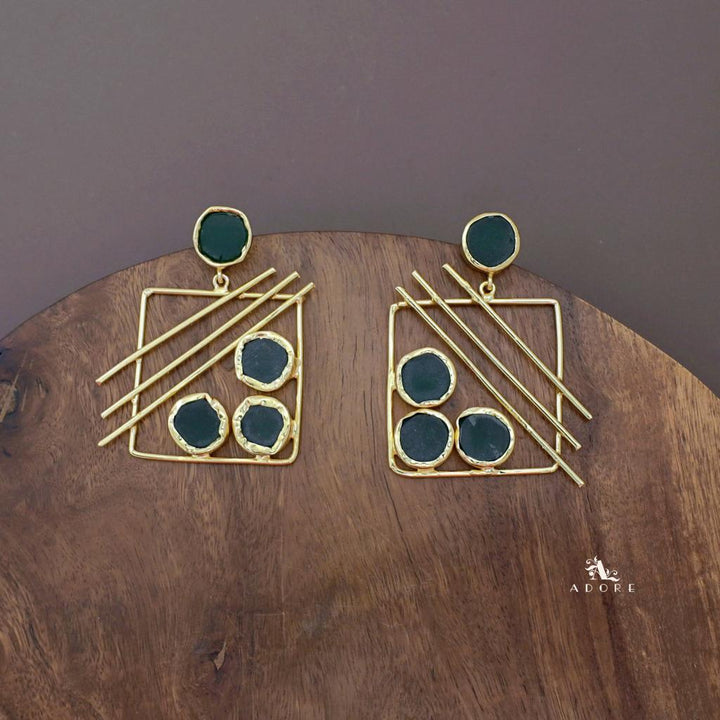 Golden Square Triple Line Raw Stone Earring