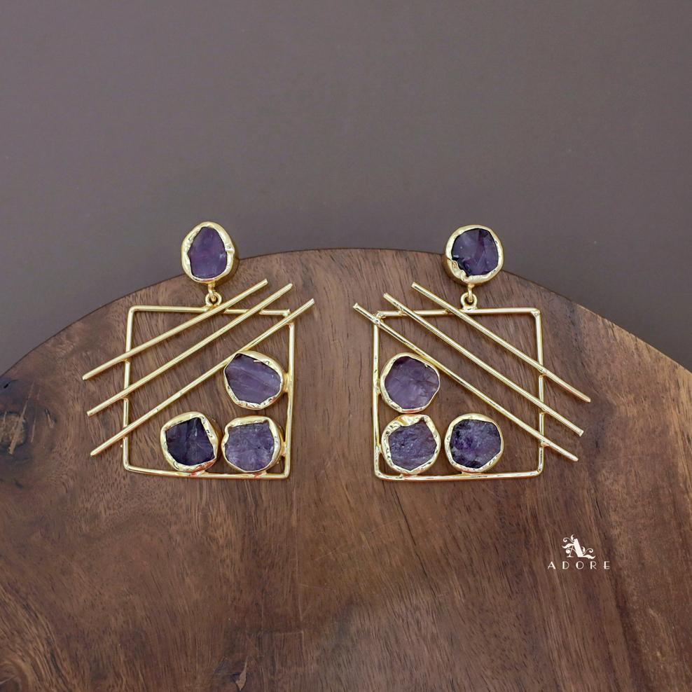 Golden Square Triple Line Raw Stone Earring