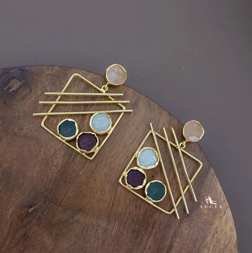 Golden Square Triple Line Raw Stone Earring