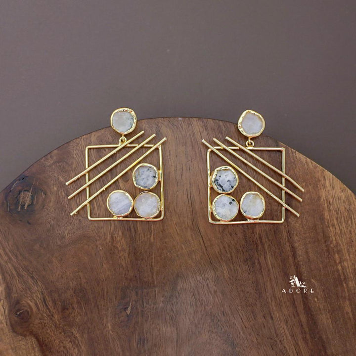 Golden Square Triple Line Raw Stone Earring