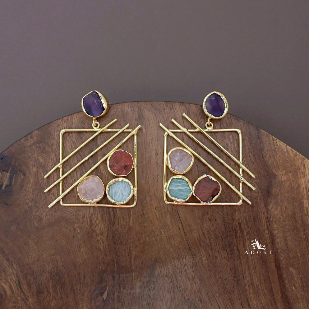 Golden Square Triple Line Raw Stone Earring