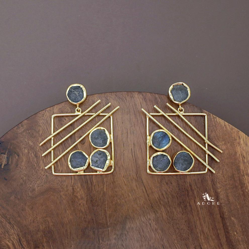 Golden Square Triple Line Raw Stone Earring