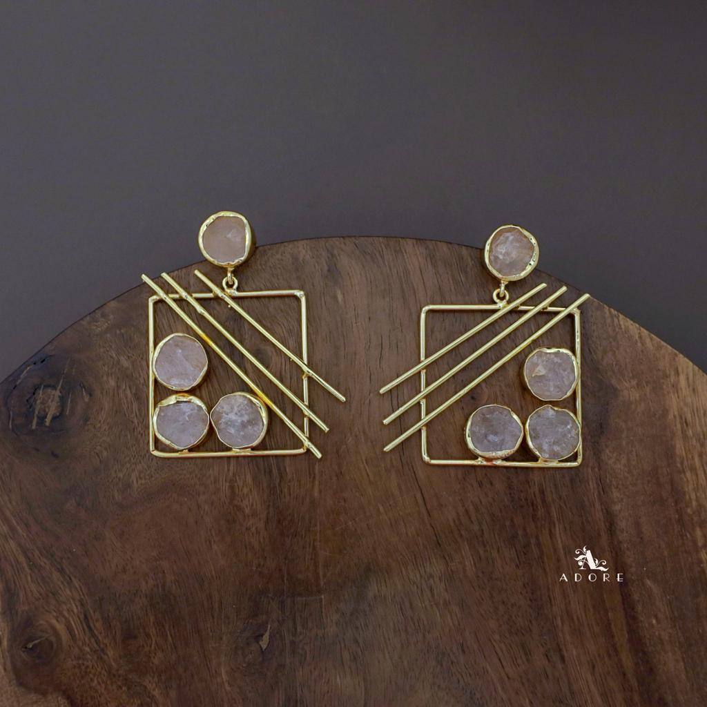 Golden Square Triple Line Raw Stone Earring