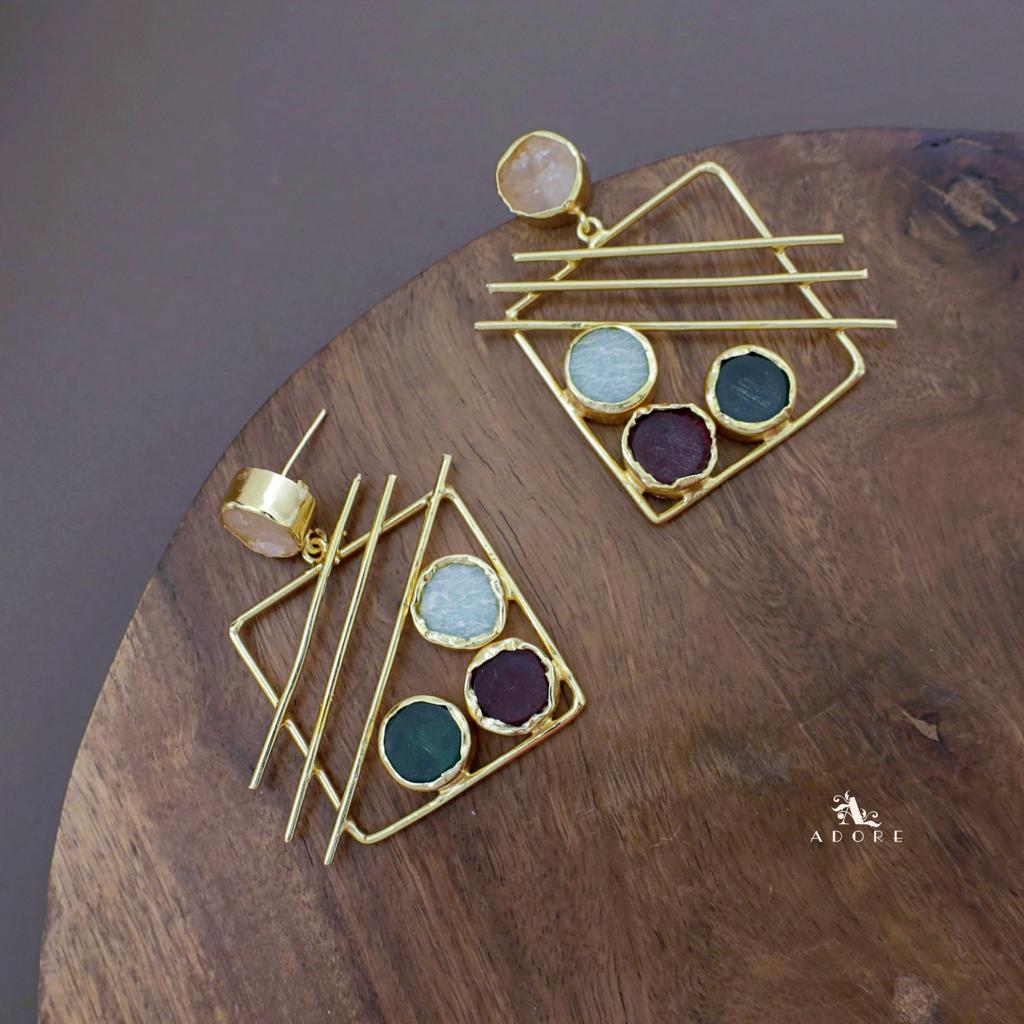 Golden Square Triple Line Raw Stone Earring