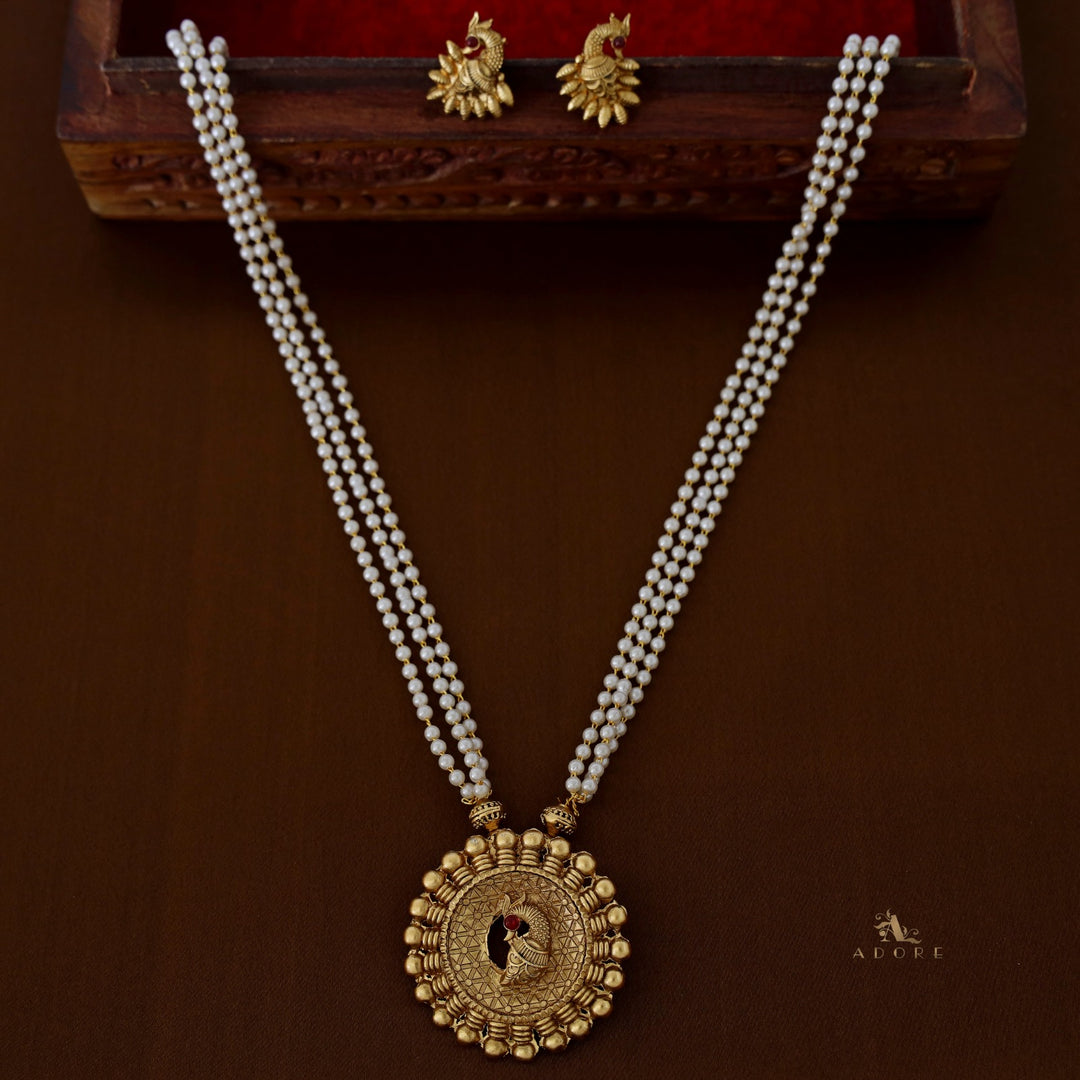 3 Layer Golden Mayura Tinthumayi Neckpiece with Earring
