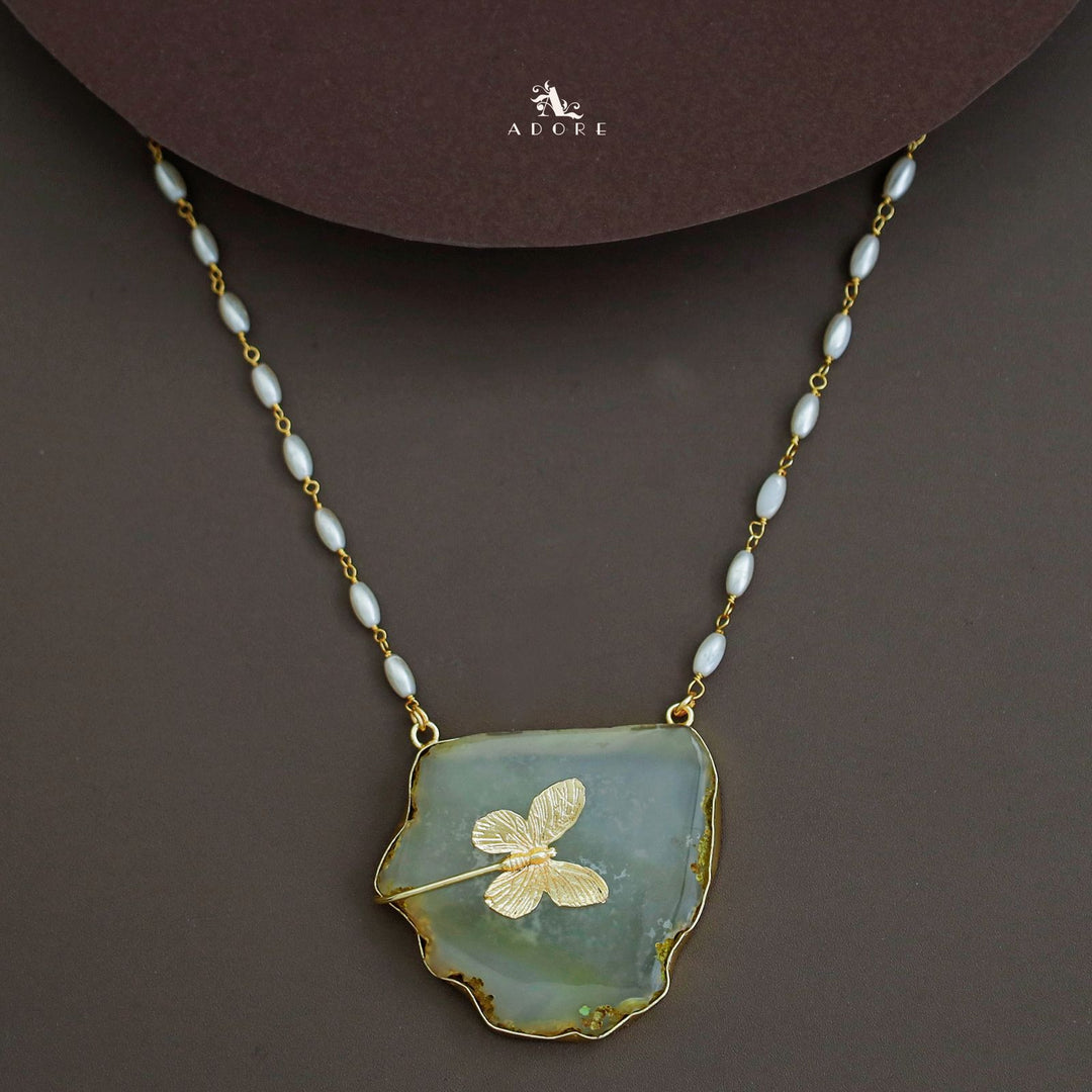 Rice Pearl Long Agate Golden Papillon Neckpiece