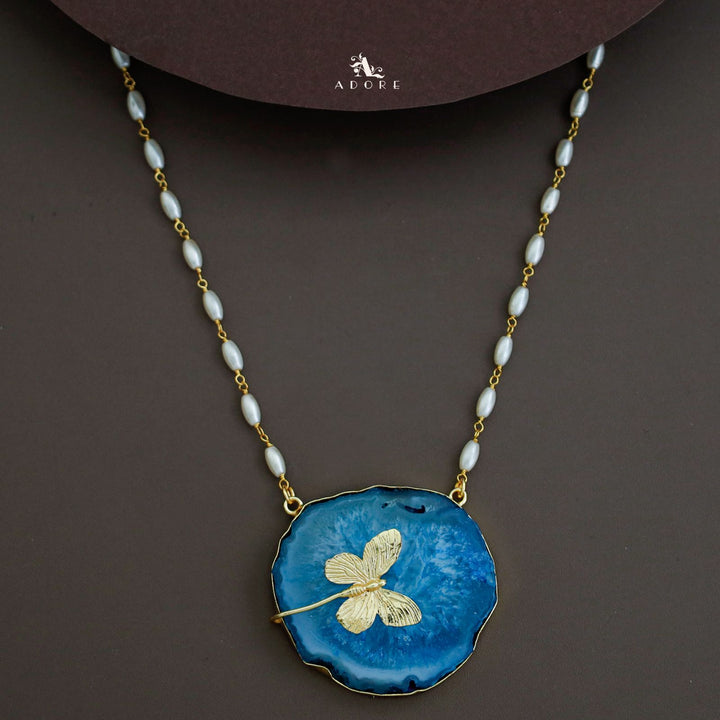 Rice Pearl Long Agate Golden Papillon Neckpiece