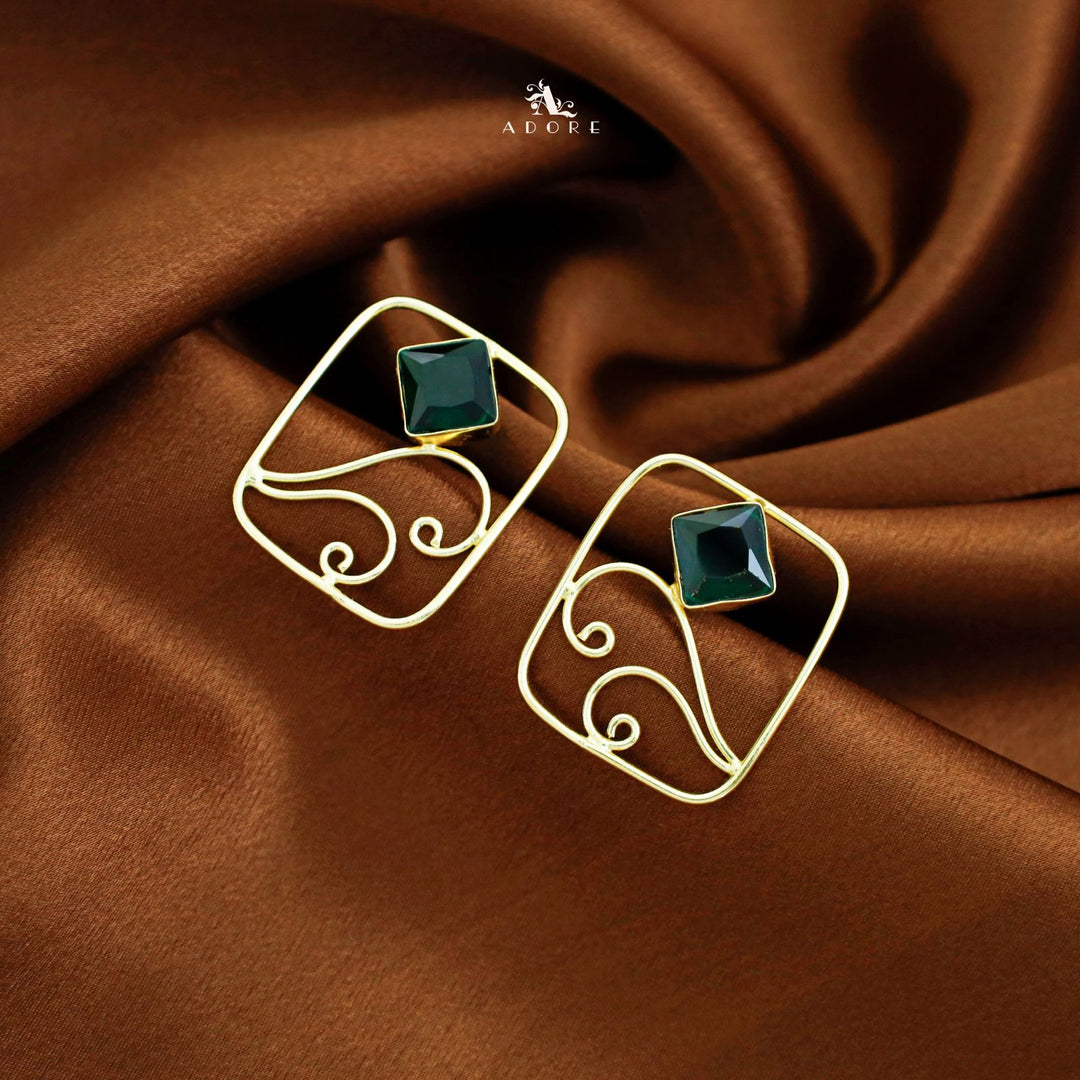 Golden Rectangle Vine Glossy Stone Earring