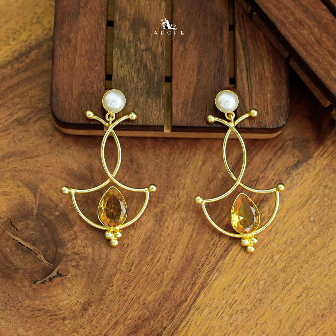 Triple Golden Arc Glossy Drop Pearl Earring