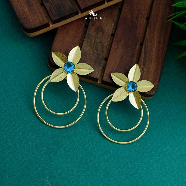 Golden Dual Circle And Penta Leaf Glossy Earring