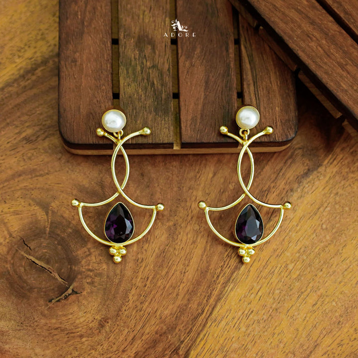 Triple Golden Arc Glossy Drop Pearl Earring