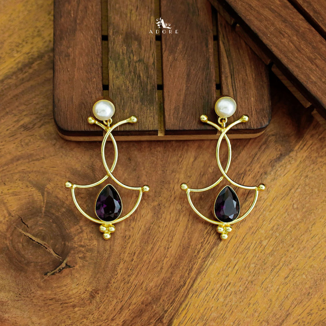 Triple Golden Arc Glossy Drop Pearl Earring