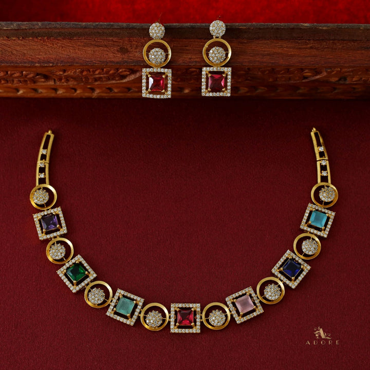 Yashvi Glossy Diamond Circle Short Neckpiece with Earring