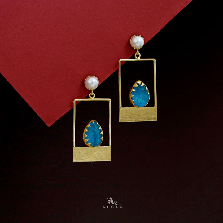 Golden Box And Drop Dyed Stone Pearl Earring