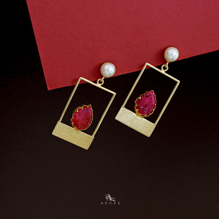 Golden Box And Drop Dyed Stone Pearl Earring