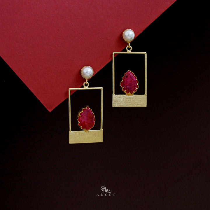Golden Box And Drop Dyed Stone Pearl Earring