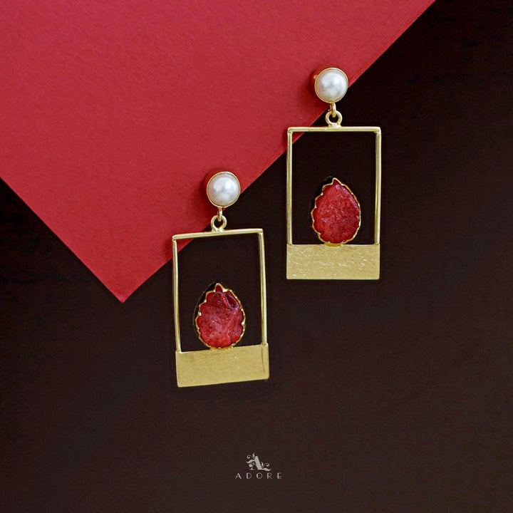 Golden Box And Drop Dyed Stone Pearl Earring